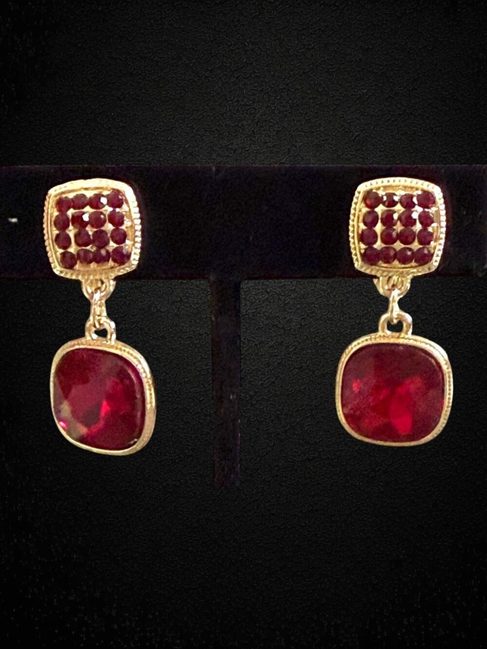 Vintage Monet Red Glass Drop Earrings Gold Tone Rhinestone Square Dangle Clip-On
